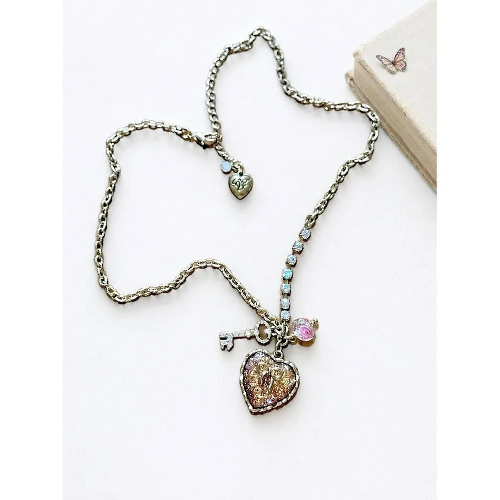 Vintage Betsey Johnson Rhinestone Key Heart Necklace Gold Glitter Puffy Charm
